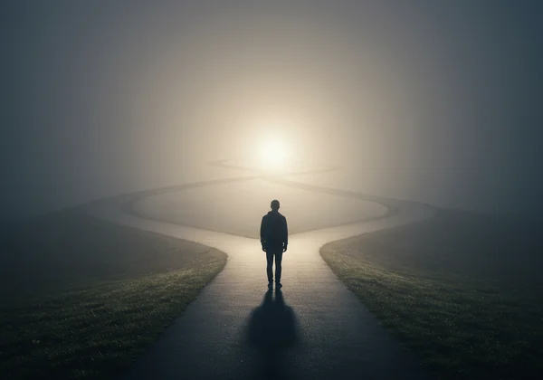 Person at a foggy crossroads, looking uncertain about career.