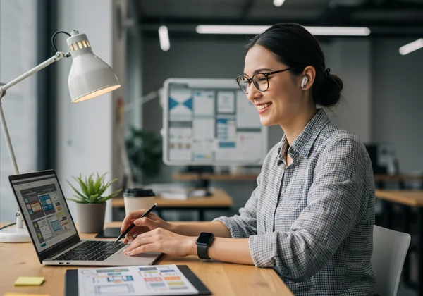 Confident UX designer working on a laptop in a modern office.