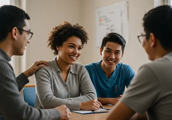 People interacting, teaching, or providing care