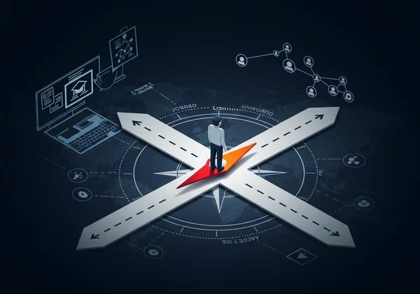 Bússola a guiar uma pessoa através de caminhos de carreira