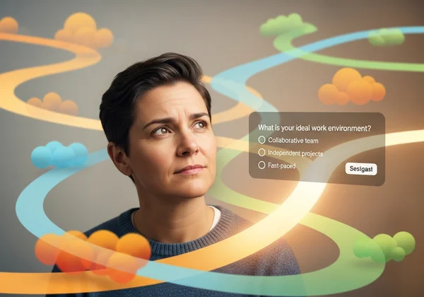 Persona che riflette sulle scelte di carriera, con sovrapposizione dell'interfaccia del quiz.