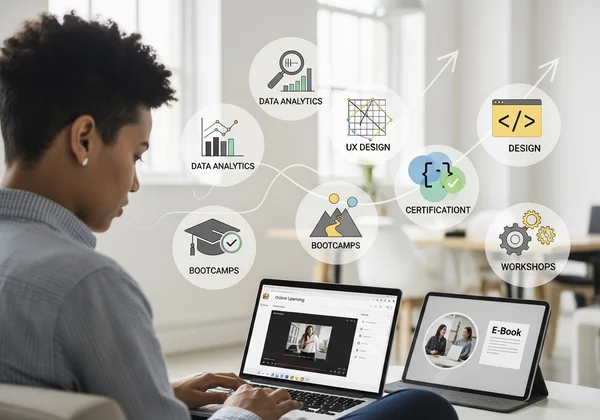 Persona che impara online, circondata da diverse icone educative.