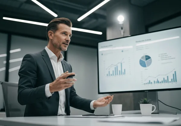 Leader aziendale che parla, mostrando ambizione e influenza.