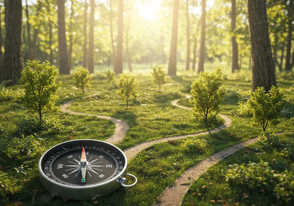 Bussola che guida diversi percorsi di carriera in una foresta.