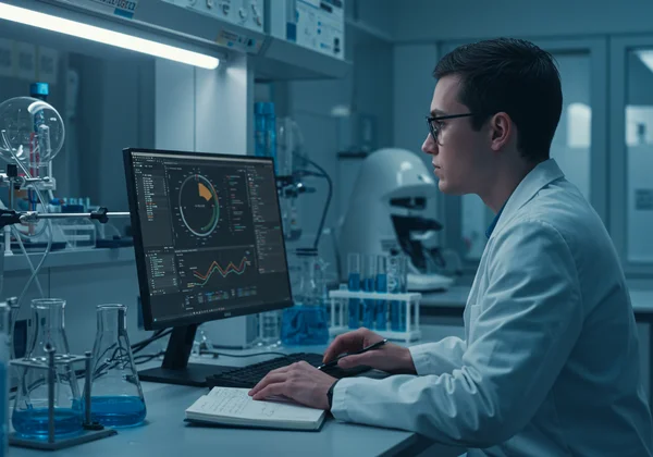 Scienziato che lavora in laboratorio con dati e strumenti analitici.