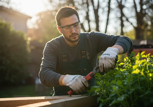 Persona che lavora all'aperto con strumenti, concentrandosi su risultati tangibili.