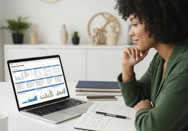 Persona che esamina i risultati del quiz di carriera su un laptop per la pianificazione