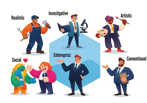 Sei persone distinte che rappresentano i tipi di personalità RIASEC