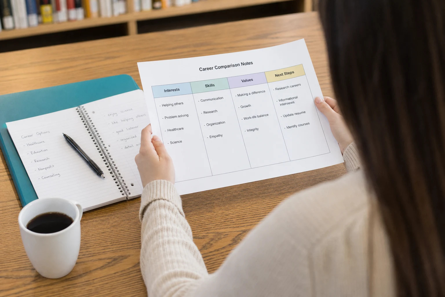 Student comparing career notes